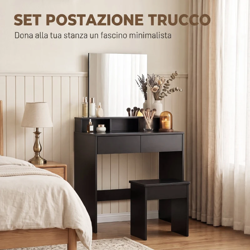 HOMCOM Tavolo da Trucco con Specchio, 3 Ripiani, 2 Cassetti e Sgabello, in Legno, 75x38x135 cm, Nero
