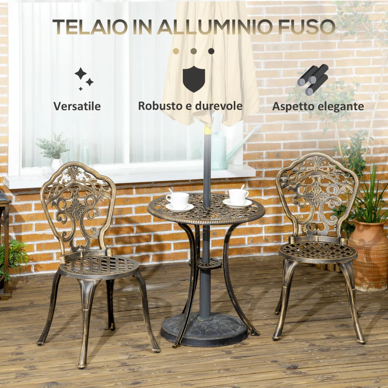 Outsunny Set da Esterno 3pz in Alluminio con 2 Sedie da Giardino e Tavolino Rotondo con Foro per Ombrellone, Bronzo