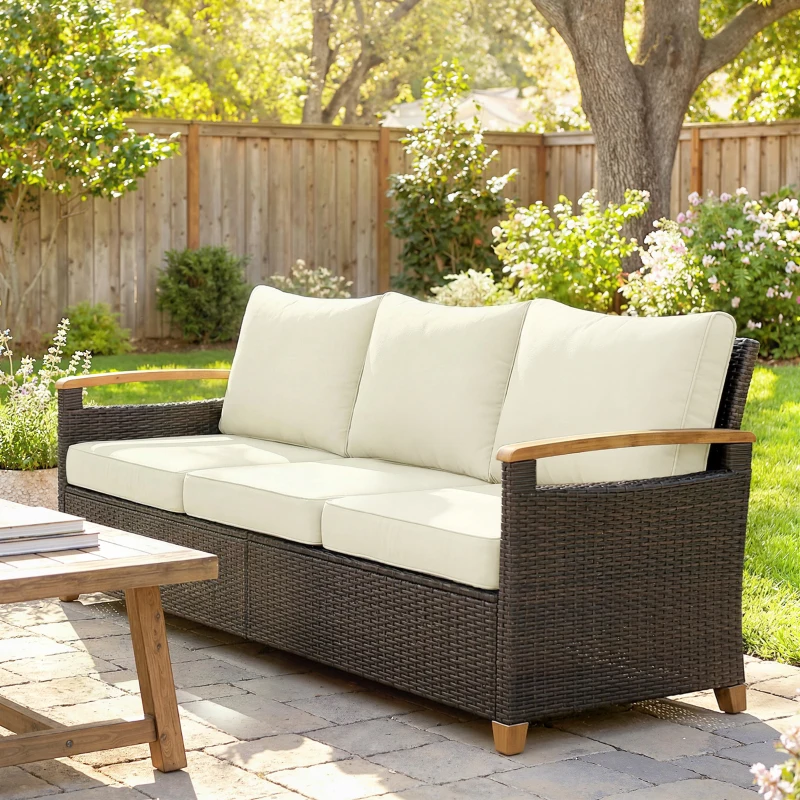 Outsunny 3 Seater Rattan Garden Sofa, PE Wicker Outdoor Sofa Wide Deep Seat, 4" Cushions, Wood-Effect Armrests Legs, Brown
