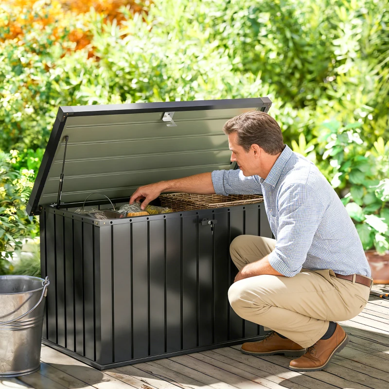 Outsunny Baule da Esterno da 400L in Acciaio Zincato con Serratura e 2 Chiavi 124x66x72 cm, Nero