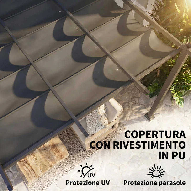 Outsunny Pergola Gazebo 3x3 m con 8 Fori di Drenaggio, in Alluminio, Metallo e Poliestere, Grigio Scuro