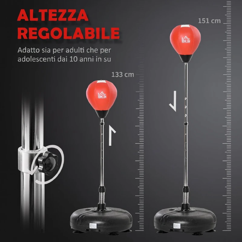 HOMCOM Sacco da Boxe ad Altezza Regolabile, Guanti Inclusi, in PE e Metallo, 45x45x133-151cm, Rosso