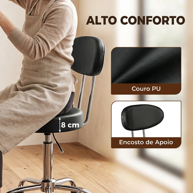 HOMCOM Banco com Rodas Giratório em Couro Sintético com Encosto e Altura Ajustável para Spa, Escritório e Tatuagens Preto