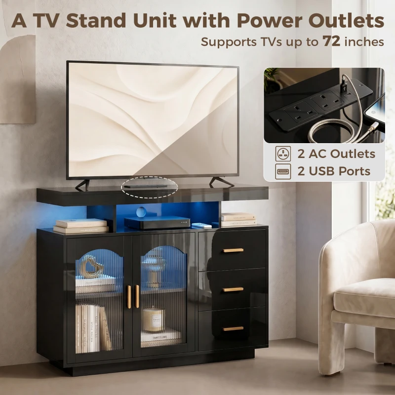 HOMCOM High Gloss Sideboard with LED Lights, Built-in Power Outlets, 3 Drawers, Shelves and 2 Acrylic Doors, Black