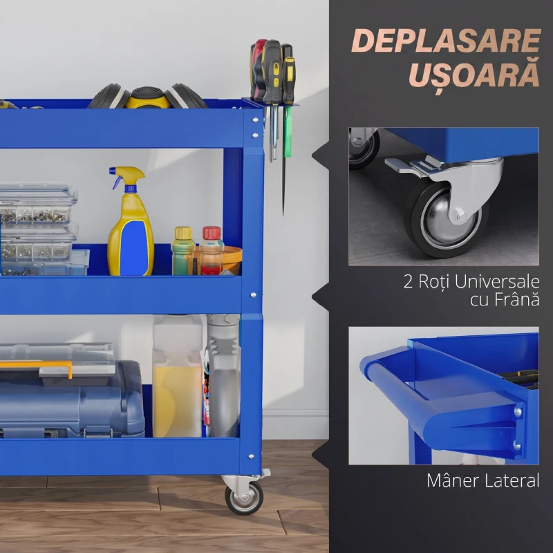 DURHAND Cărucior pentru Scule cu 3 Niveluri din Oțel cu Margini Înalte și 4 Roți Pivotante, 83 x 35.3 x 76 cm, Albastru