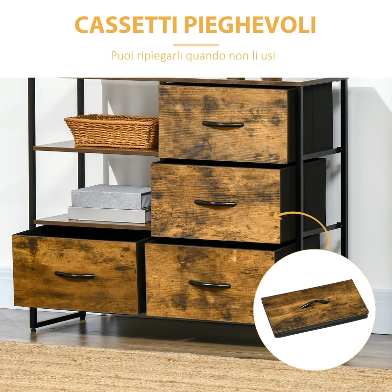 HOMCOM Cassettiera in Stile Industriale con 4 Cassetti in Tessuto Pieghevole e 2 Ripiani Aperti, 84x30x71.5 cm, Marrone