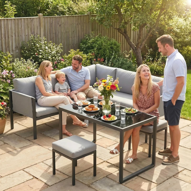 Outsunny Salon de Jardin Canapé d'Angle Extérieur 6 Pièces Coussins 10cm Table Haute et 2 Repose-pieds Gris