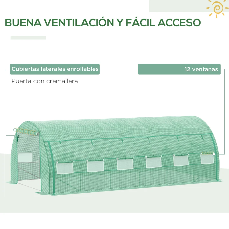Outsunny Invernadero de Túnel 6x3x2 m con Puerta y 12 Ventanas de Malla Enrollables Invernadero de Huerto para Patio Jardín Verde