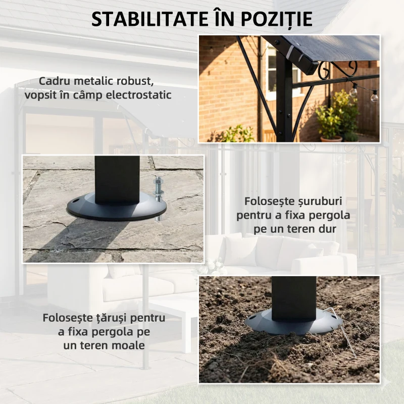 Outsunny Pergolă Gazebo 3.8x2.8m cu 16 Găuri de Drenaj, Pergolă din Metal și Poliester 180g/m² cu Șuruburi, pentru Exterior, Grădină, Terasă și Patio, UV 30+, Gri