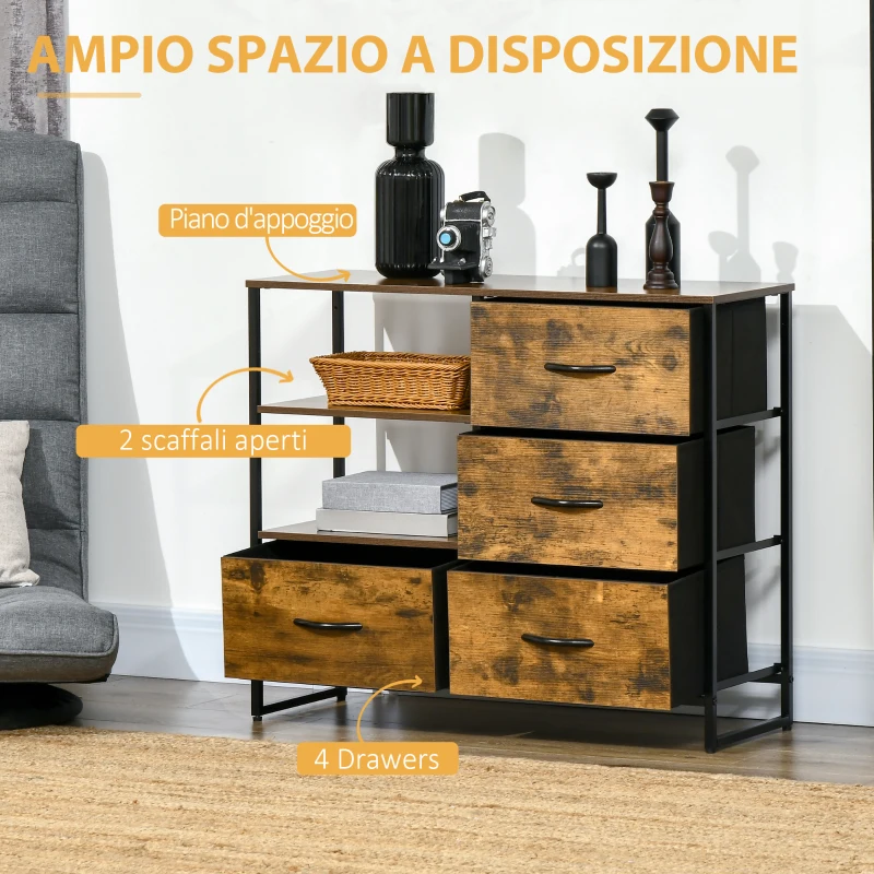 HOMCOM Cassettiera in Stile Industriale con 4 Cassetti in Tessuto Pieghevole e 2 Ripiani Aperti, 84x30x71.5 cm, Marrone