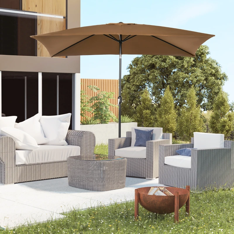 Outsunny Ombrellone da Giardino 2x3 m Rettangolare con Manovella e Angolazione Regolabile, Caffè