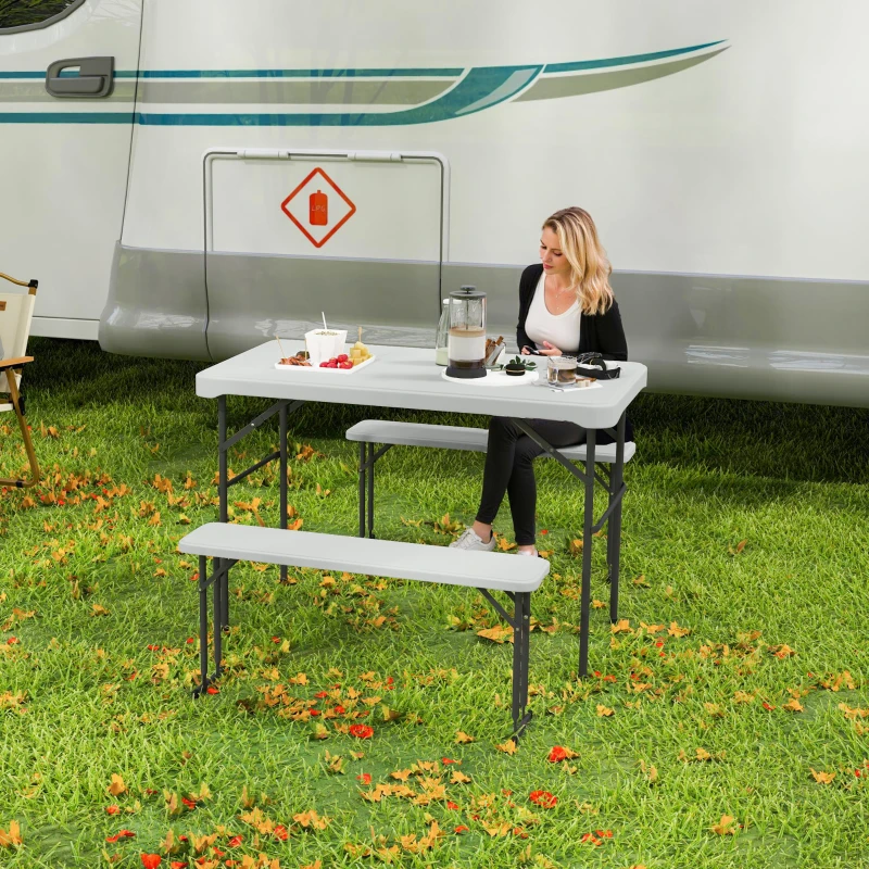 Outsunny Ensemble table pliante et bancs de pique-nique 113 cm avec poignées de transport, table et banc pliable gris clair blanc