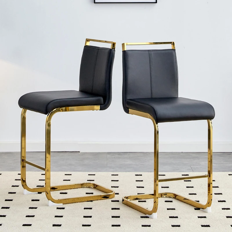 Lot de 2 tabourets de bar style nordique, design épuré et élégant avec piètement métal doré robuste, 39x46.5x96.5 cm, Noir+Doré