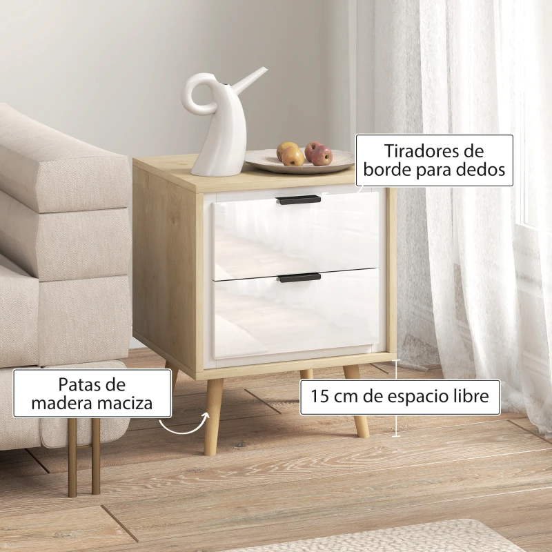 HOMCOM Juego de 2 Mesitas de Noche Modernas con 2 Cajones con Deslizamiento Silencioso 40x35x50 cm Blanco Brillo y Roble