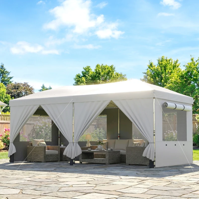Outsunny 3 x 6 m Pop Up Canopy with UV50+ Protection Garden Gazebo with 6 Sidewalls, White