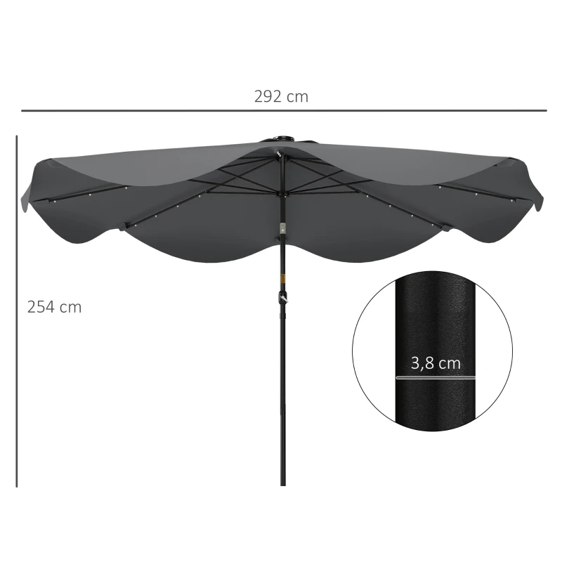 Outsunny Sombrilla de Jardín Manual Ø292x254 cm con 32 Luces LED Solares 8 Varillas Impermeable y Rejillas de Ventilación Gris