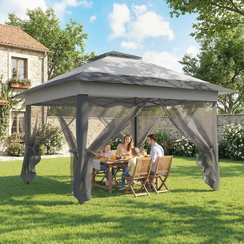 Outsunny Gazebo Pieghevole 3.6x3.6m con Prese d'Aria e Zanzariere, in Acciaio e Tessuto Oxford, Grigio