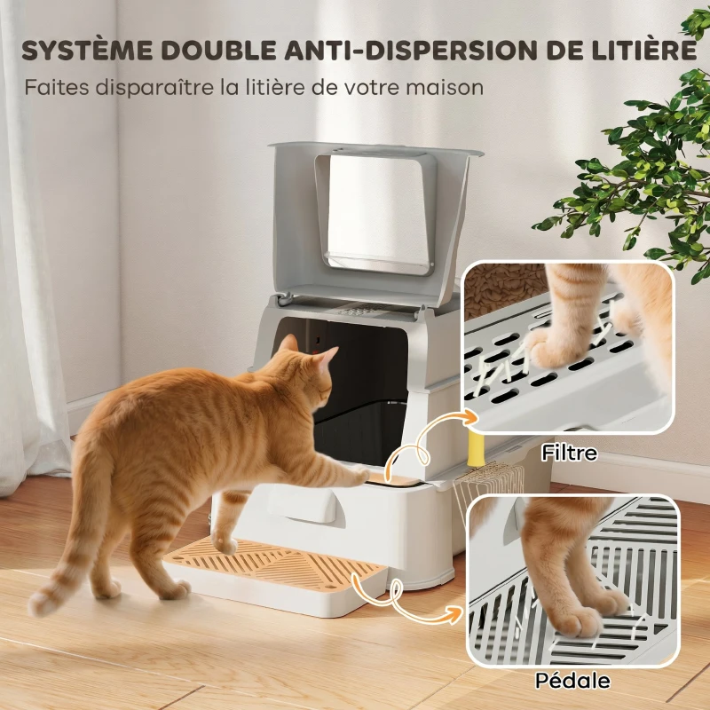 PawHut Bac à Litière pour Chat 80L en Inox avec Couvercle Rabattable à 180°, Tiroir Coulissant, Pelle, 63x43x43cm, Gris Clair