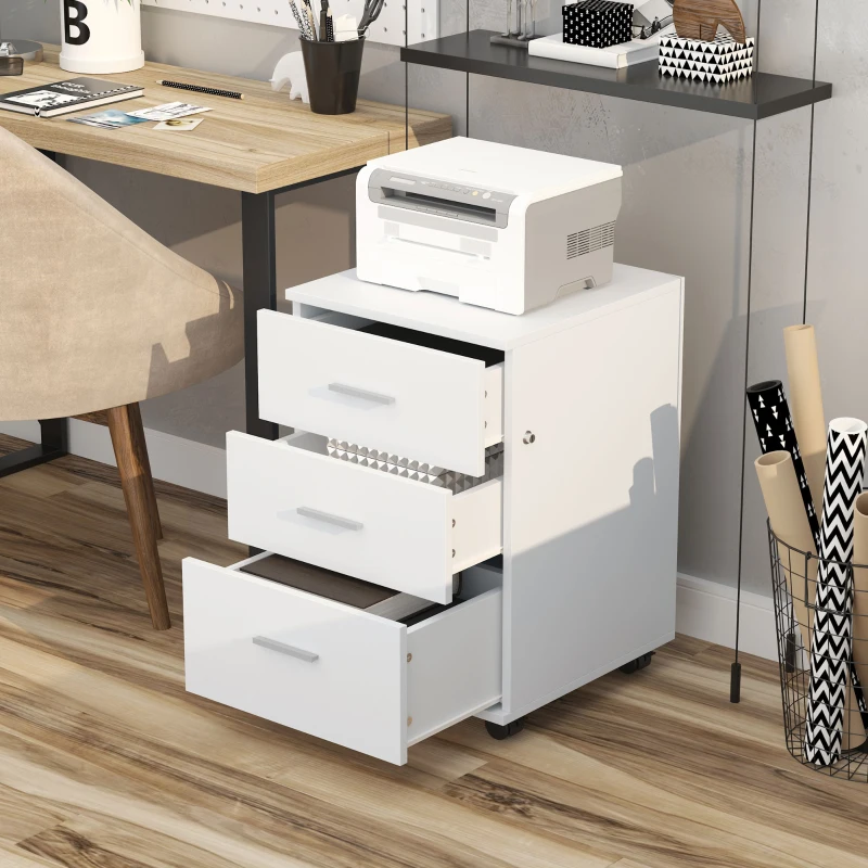 Vinsetto Cajonera Oficina con Cerradura y Ruedas Giratorias 3 Cajones Compacta 40x40x61,5 cm Blanco