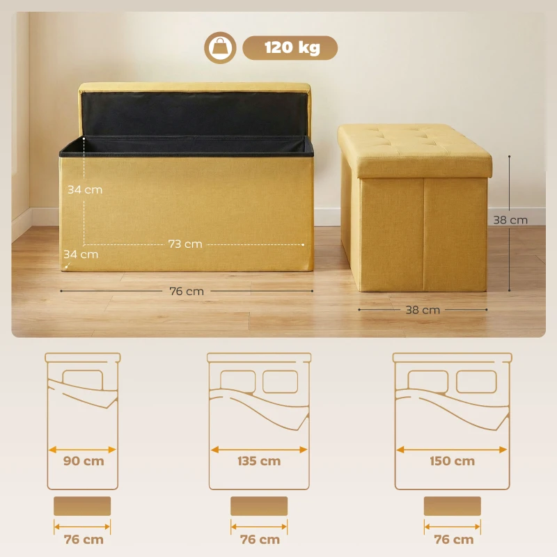 HOMCOM Puff Almacenaje, Banco Almacenaje Plegable 84 L 76x38x38 cm Tapizado en Lino Sintético Amarillo