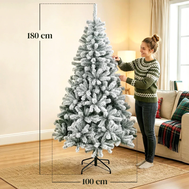 HOMCOM Árbol de Navidad Nevado de 180 cm con 650 Puntas de PVC Ignífugo Ramas Articuladas Montaje Rápido Verde y Blanco