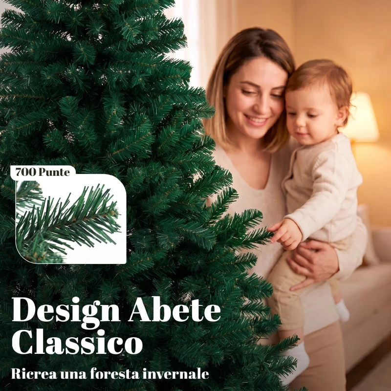 HOMCOM Albero di Natale 180 cm Artificiale con 700 Rami Ignifughi e Base in Acciaio Pieghevole, Verde