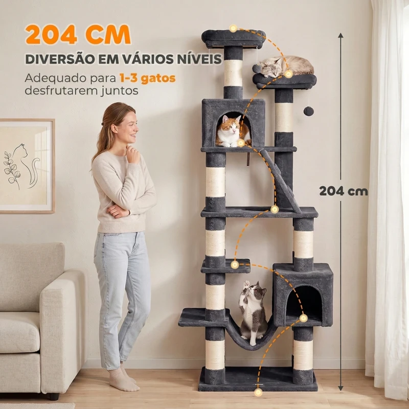 PawHut Árvore Arranhadora para Gatos 204 cm Multinível com 2 Tocas, Rede, 2 Camas, Postes de Sisal, Escada e 2 Bolas, Cinzento-Escuro