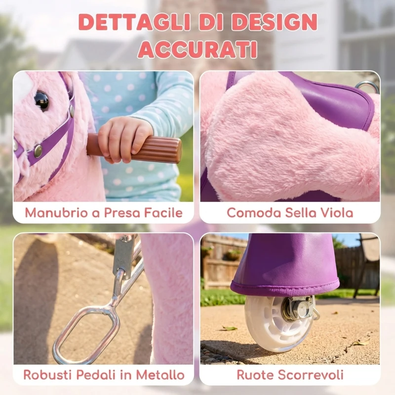 AIYAPLAY Cavallo per Bambini 2+ Anni con 4 Rotelle e Nitriti, Testa Girevole, Design a Pedali, Capacità 60 kg, Rosa