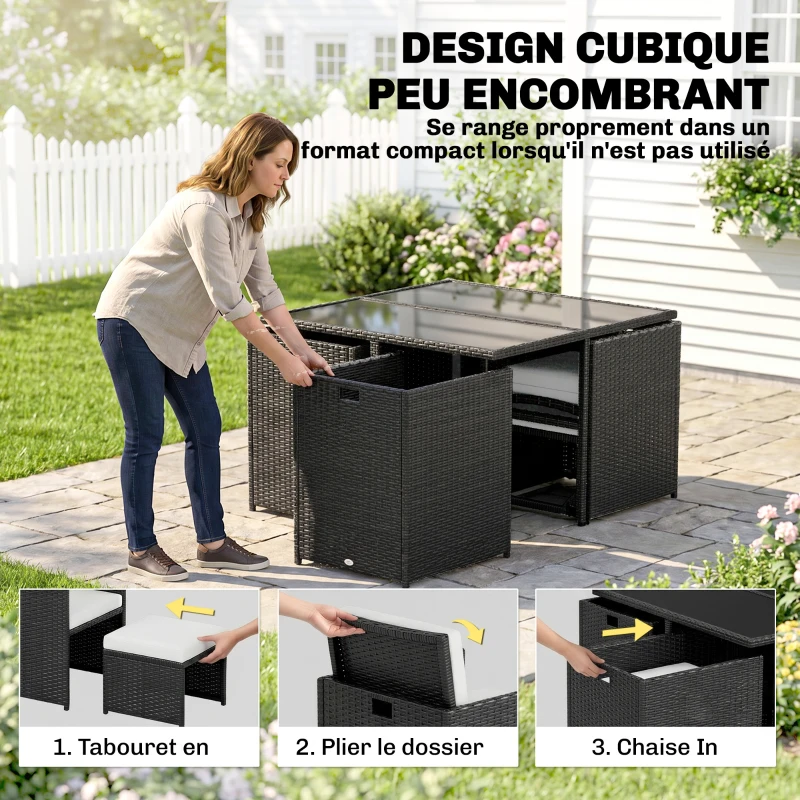 Outsunny Ensemble Salon de Jardin encastrable 8 Personnes 9 pièces résine tressée 4 Fils Imitation rotin Noir Coussins déhoussables crème