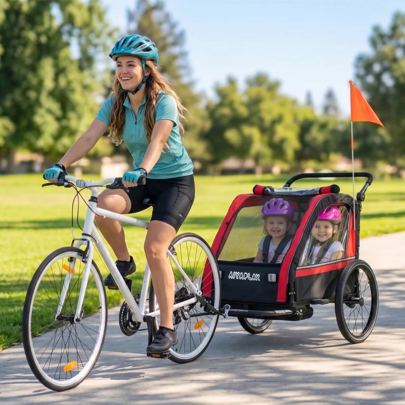AIYAPLAY Remorque vélo enfant 2 en 1, poussette vélo bébé 2 places, guidon réglable, frein à main, ceinture de sécurité, rouge