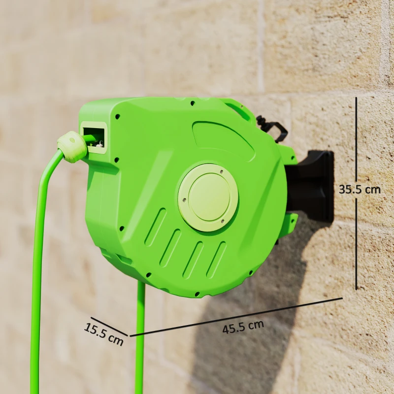 Outsunny Avvolgitubo da Giardino Retrattile con Tubo dell'Acqua 15 m, Rullo Avvolgitubo da Parete Girevole a 180°, Avvolgitubo Automatico Tubo da Giardino per Irrigazione in plastica, Verde