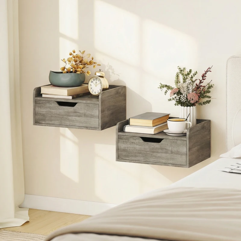 HOMCOM Lot de 2 tables de chevet murales, tables de nuit avec tiroir et plateau à rebords surélevés, 40x30x19,5cm, gris