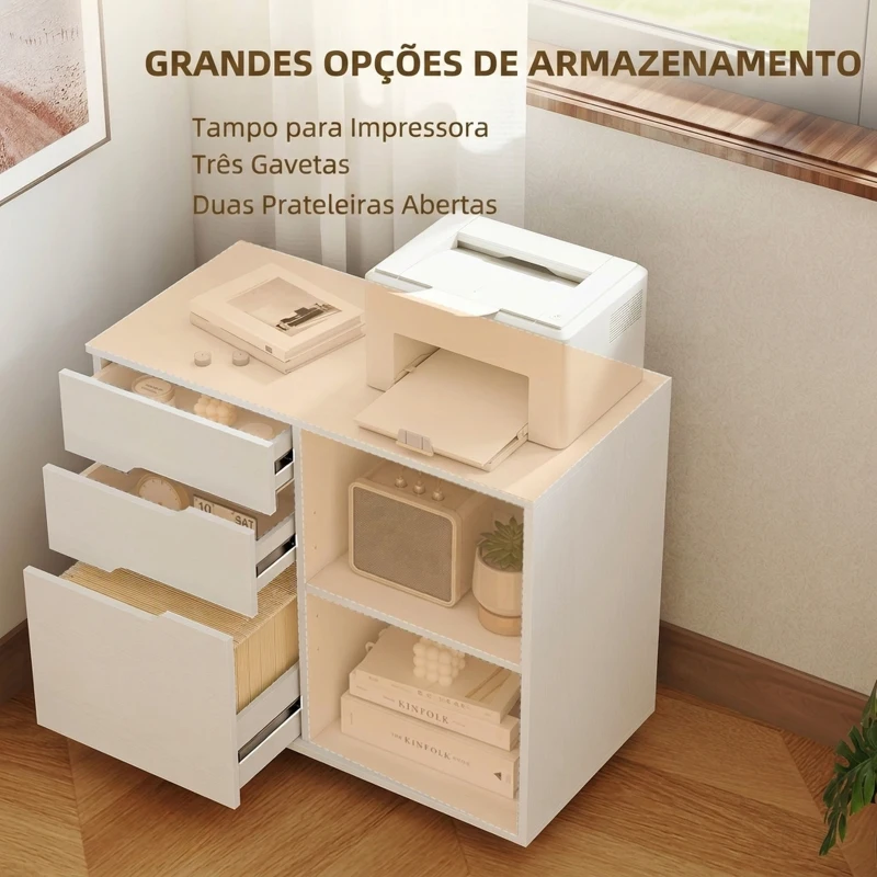 HOMCOM Móvel para Impressora com Rodas, 3 Gavetas, Barra Ajustável, 2 Prateleiras Abertas e Puxadores, para Documentos A4, Branco