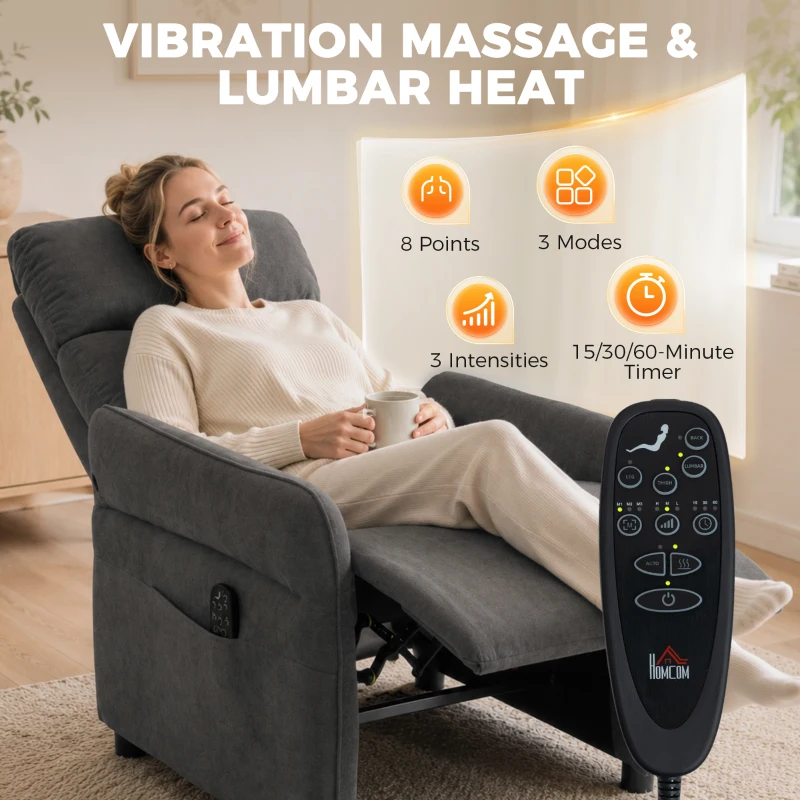 HOMCOM Recliner Armchair, Push Back Recliner Chair with Massage & Heat, Adjustable Armrests, Dual Side Pockets, Dark Grey