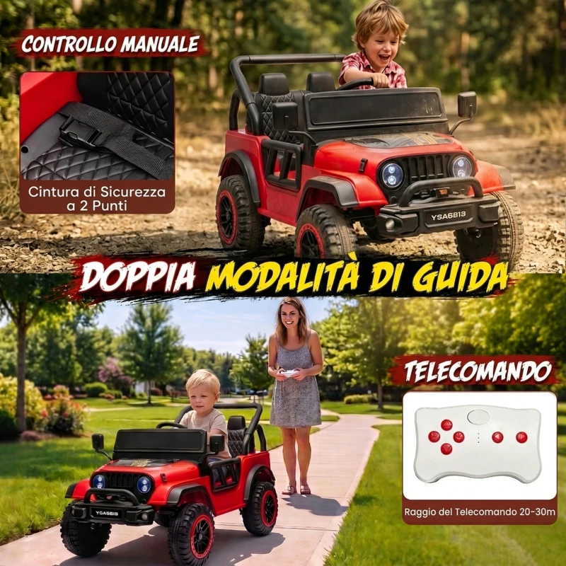 AIYAPLAY Macchina Elettrica per Bambini 3+ Anni, 12V, 2 Motori, Telecomando, USB, Musica, 3-5 km/h, Rosso