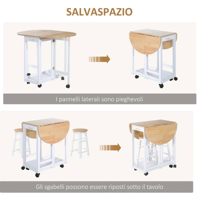HOMCOM Set 3 Pezzi Tavolo Pieghevole da Cucina e 2 Sgabelli Salvaspazio - Bianco e Legno