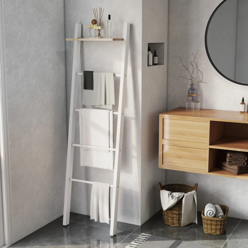 HOMCOM Toallero Escalera con Estante Superior y 4 Barras Toallero de Baño para Apoyar en Pared 43x20x151 cm Blanco y Roble
