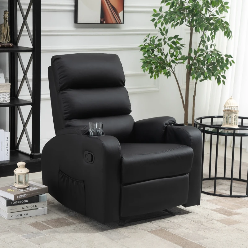 HOMCOM Poltrona Relax Reclinabile Manualmente a 165° con Poggiapiedi, Portabicchieri e Tasca in Finta Pelle, Nero