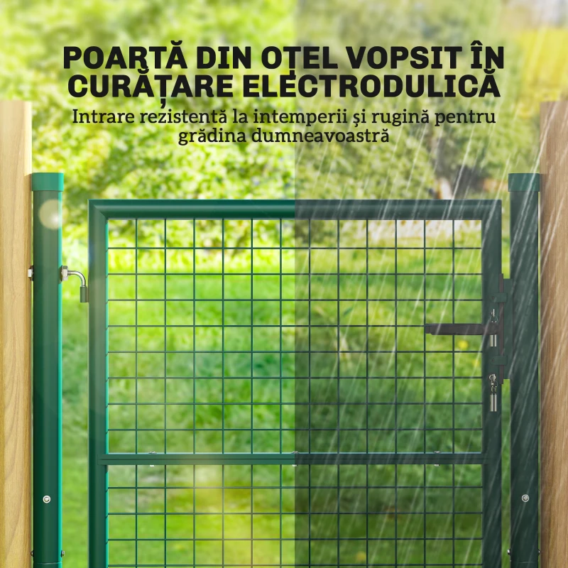 Outsunny Poartă de Grădină din Oțel 97 x 150 cm, Poartă cu Încuietoare, 3 Chei, Mâner și 2 Stâlpi