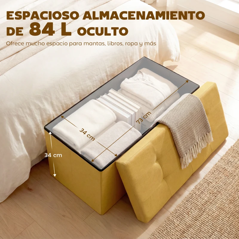 HOMCOM Puff Almacenaje, Banco Almacenaje Plegable 84 L 76x38x38 cm Tapizado en Lino Sintético Amarillo