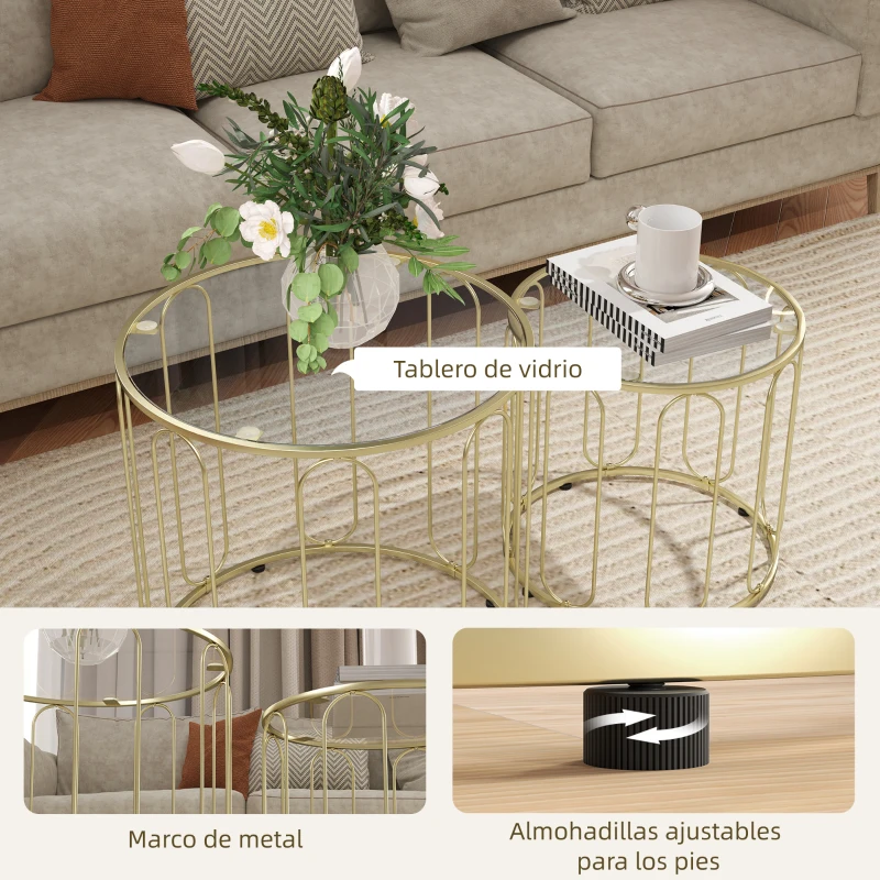 HOMCOM Conjunto de 2 Mesas Auxiliares Tipo Nido con Estructura de Metal y Encimera de Cristal Ø50x50 cm y Ø40x40 cm Dorado