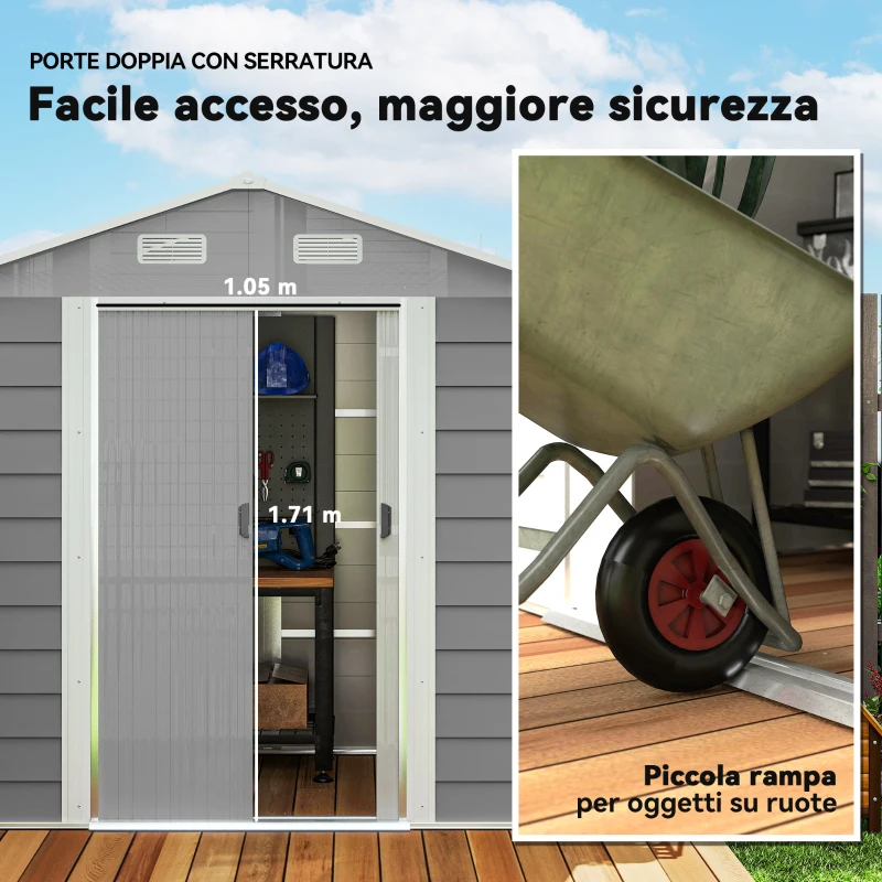 Outsunny Casetta porta Attrezzi con Porte Scorrevoli e 4 Prese d'Aria, in Acciaio e PP 196x236x208 cm, Grigio Chiaro