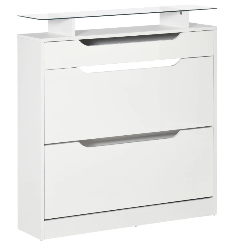 HOMCOM Zapatero Estrecho de 2 Puertas Mueble Zapatero para 16 Pares de Zapatos con Cajón Estante Abierto y Encimera de Vidrio para Pasillo Entrada 89x23x96 cm Blanco