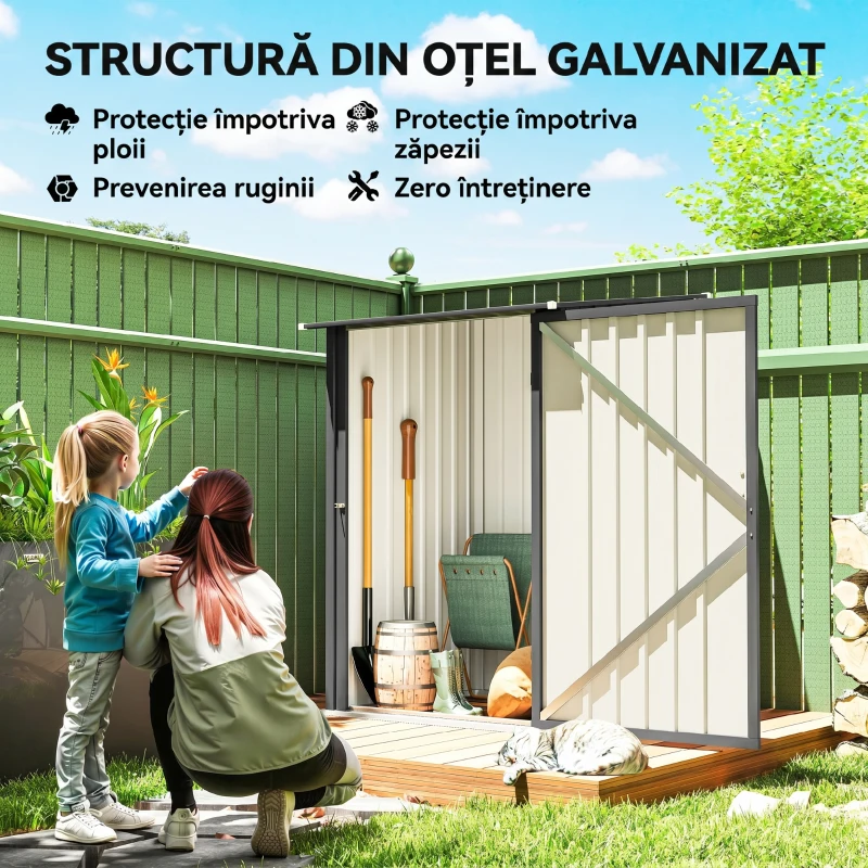 Outsunny Căsuță de Grădină pentru Depozitarea Uneltelor, din Oțel Zincat cu Ușă, 100x104x160 cm, Gri Închis
