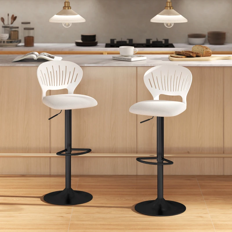 HOMCOM Juego de 2 Taburetes de Bar Giratorios en 360° Regulables en Altura de 84-105 cm Respaldo Hueco Reposapiés Blanco