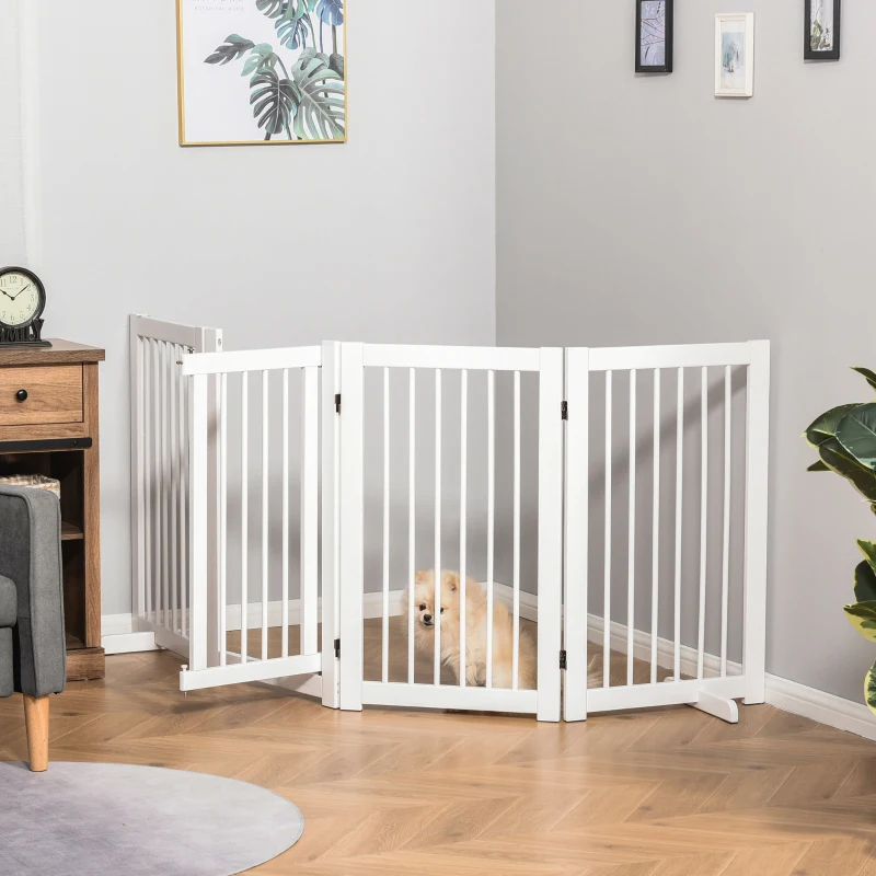 PawHut Barrera de Seguridad para Perros Plegable de Madera para Escaleras y Puertas con Soporte de Pie 204x36x75 cm Blanco