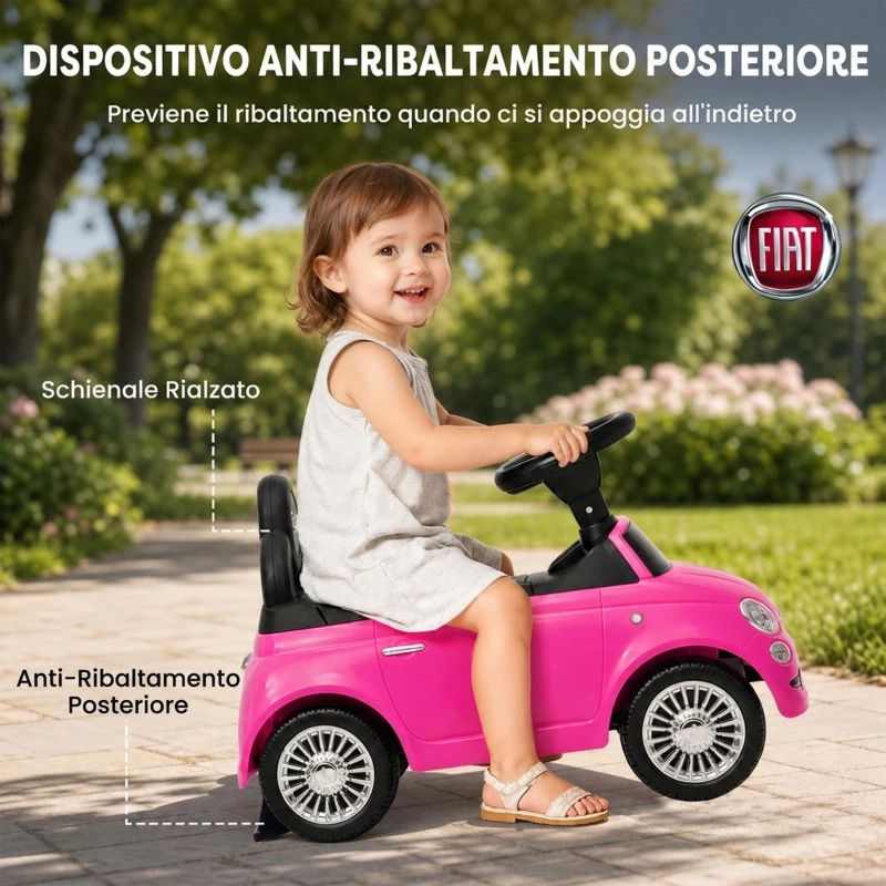 AIYAPLAY Macchina Cavalcabile per Bambini 12-36 Mesi Licenza Fiat con Musica, Clacson e Vano Sottosedile in PP, Rosa