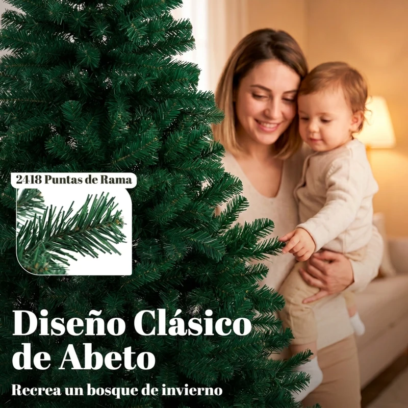 HOMCOM Árbol de Navidad de Abeto 270 cm con Ramas Articuladas 2418 Puntas de PVC Ignífugo Montaje Rápido Soporte de Acero Verde
