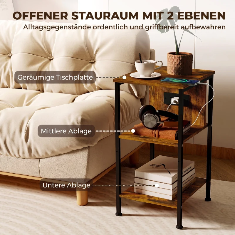 HOMCOM Bijzettafel met laadstation en 2 open planken, tijgerhoutlook
