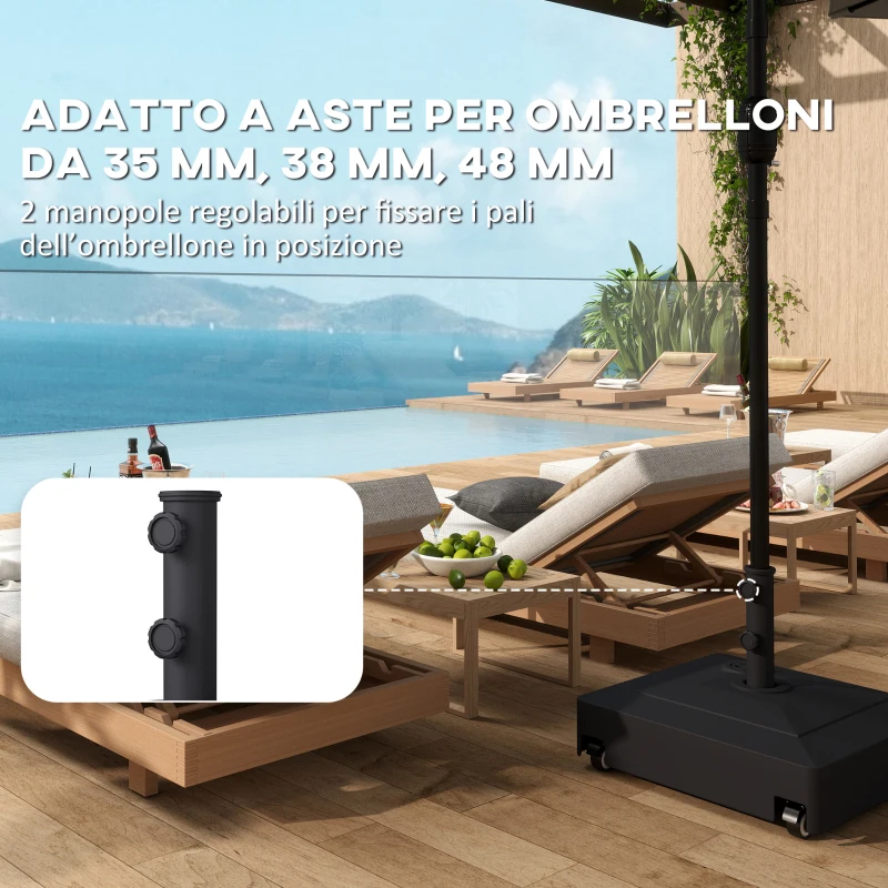 Outsunny Base per Ombrellone a Rotelle con Freni, con Acqua 40kg/Sabbia 61kg, per Pali Ombrelloni da Ø35/38/48mm, Nero